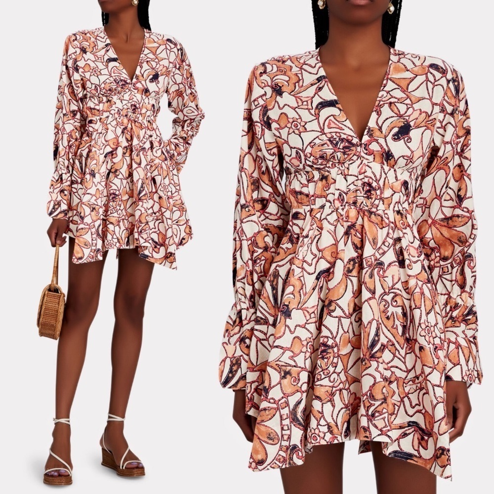Alc Salina 100% Linen Mini Dress Abstract Floral Print Size 4 Orange Pink Pocket